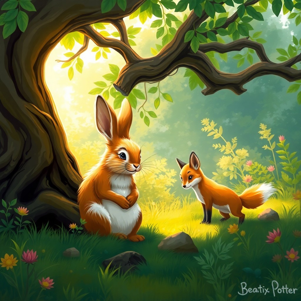 AI generated art for prompt: A whimsical digital painting captures an endearing scene between a wise elder rabbit and a curious y