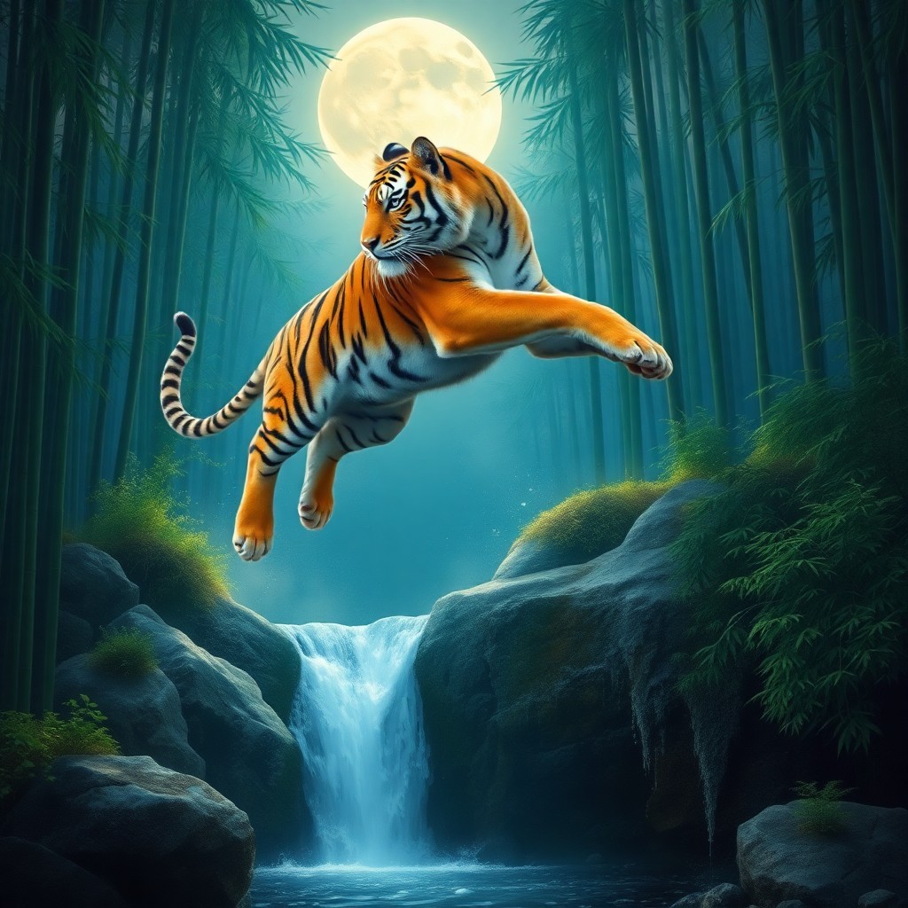 AI generated art for prompt: Imagine a digital art piece with photorealistic detail, depicting an awe-inspiring tiger gracefully 