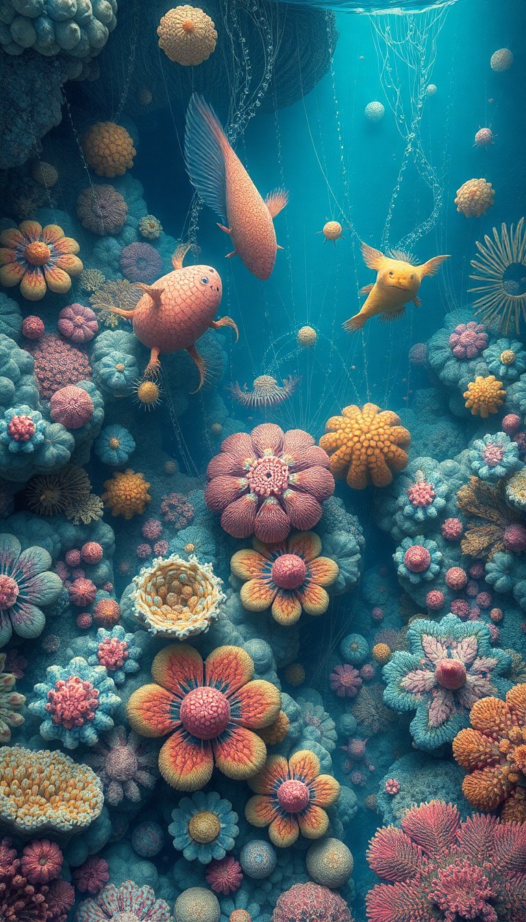 AI generated art for prompt: An imaginative underwater scene reminiscent of intricate biological illustrations, where fantastical