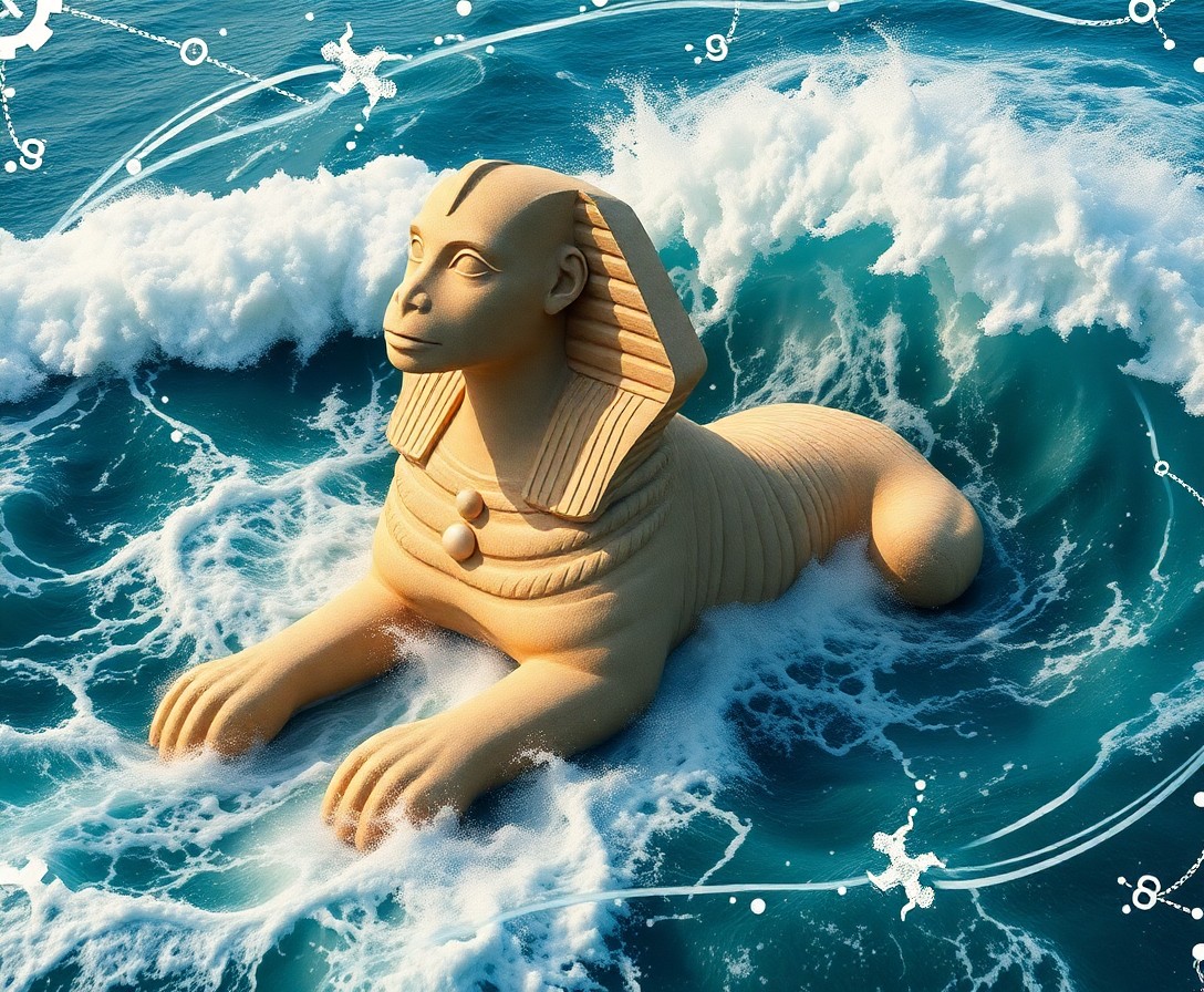 AI generated art for prompt: Craft an image embodying surrealism with an ancient Egyptian sphinx emerging from a tumultuous ocean