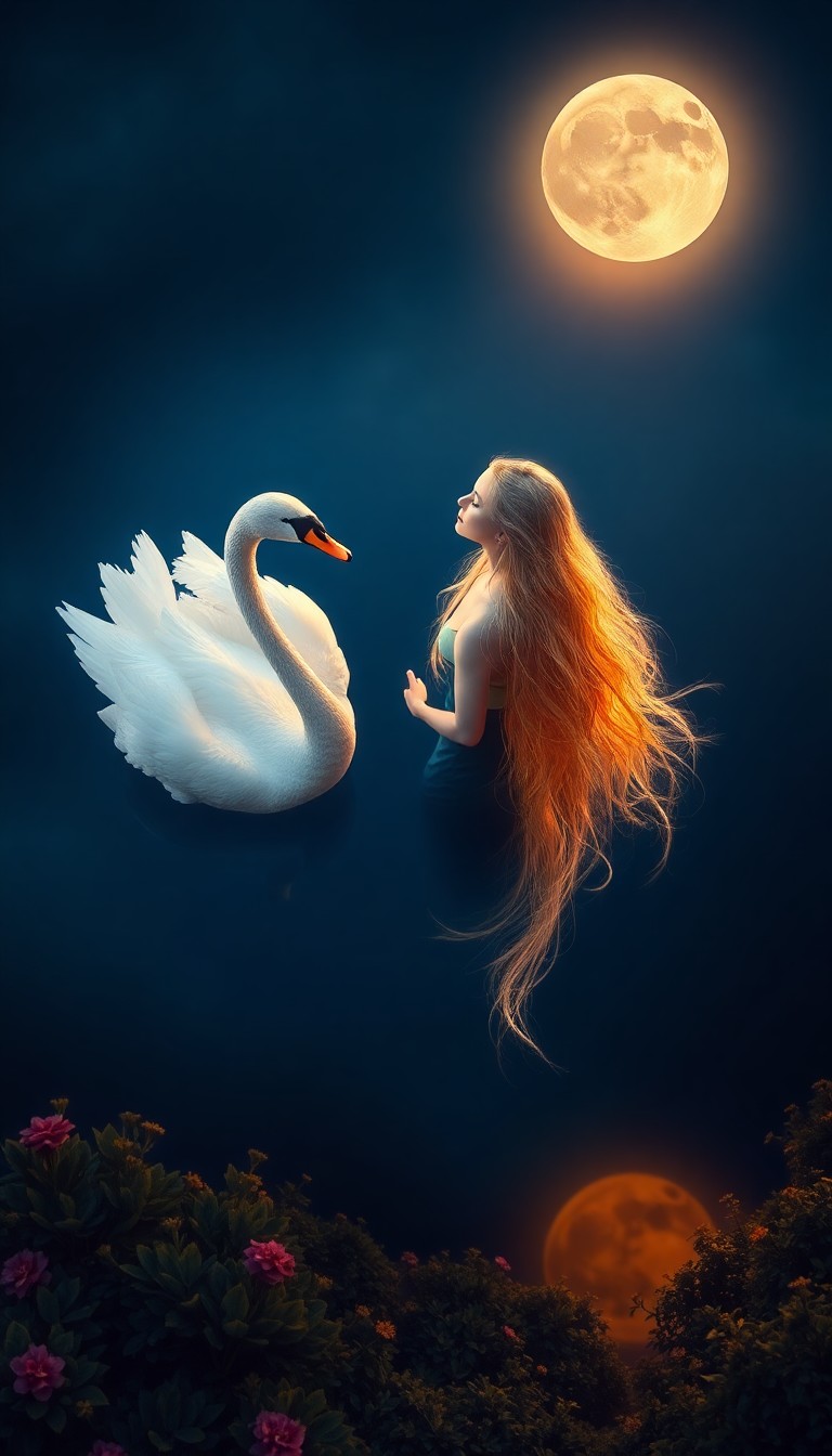 AI generated art for prompt: Imagine a mesmerizing digital artwork depicting an extraordinary transformation as a majestic swan g