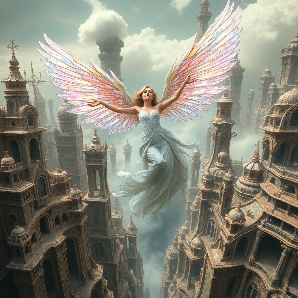 AI generated art for prompt: A surreal portrait captures a celestial woman with iridescent wings gracefully floating in a dreamli