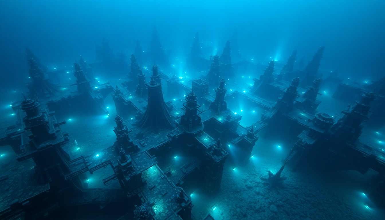 AI generated art for prompt: An aerial perspective of an enigmatic submerged city reveals biomechanical structures intricately wo