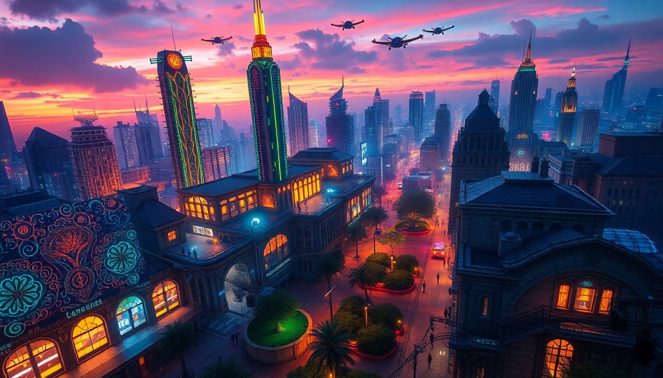 AI generated art for prompt: An aerial perspective reveals a vibrant cyberpunk metropolis at twilight, exuding an art nouveau-ins