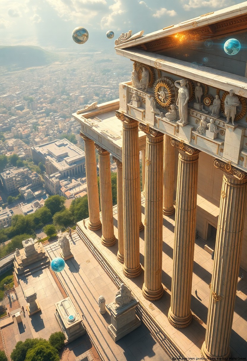 AI generated art for prompt: A captivating oil painting showcases an aerial perspective above the Acropolis, where classical Gree