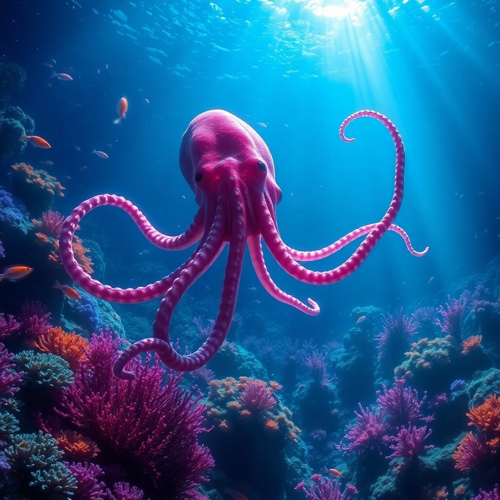 AI generated art for prompt: A mesmerizing digital artwork captures an enchanting underwater realm where a colossal squid elegant