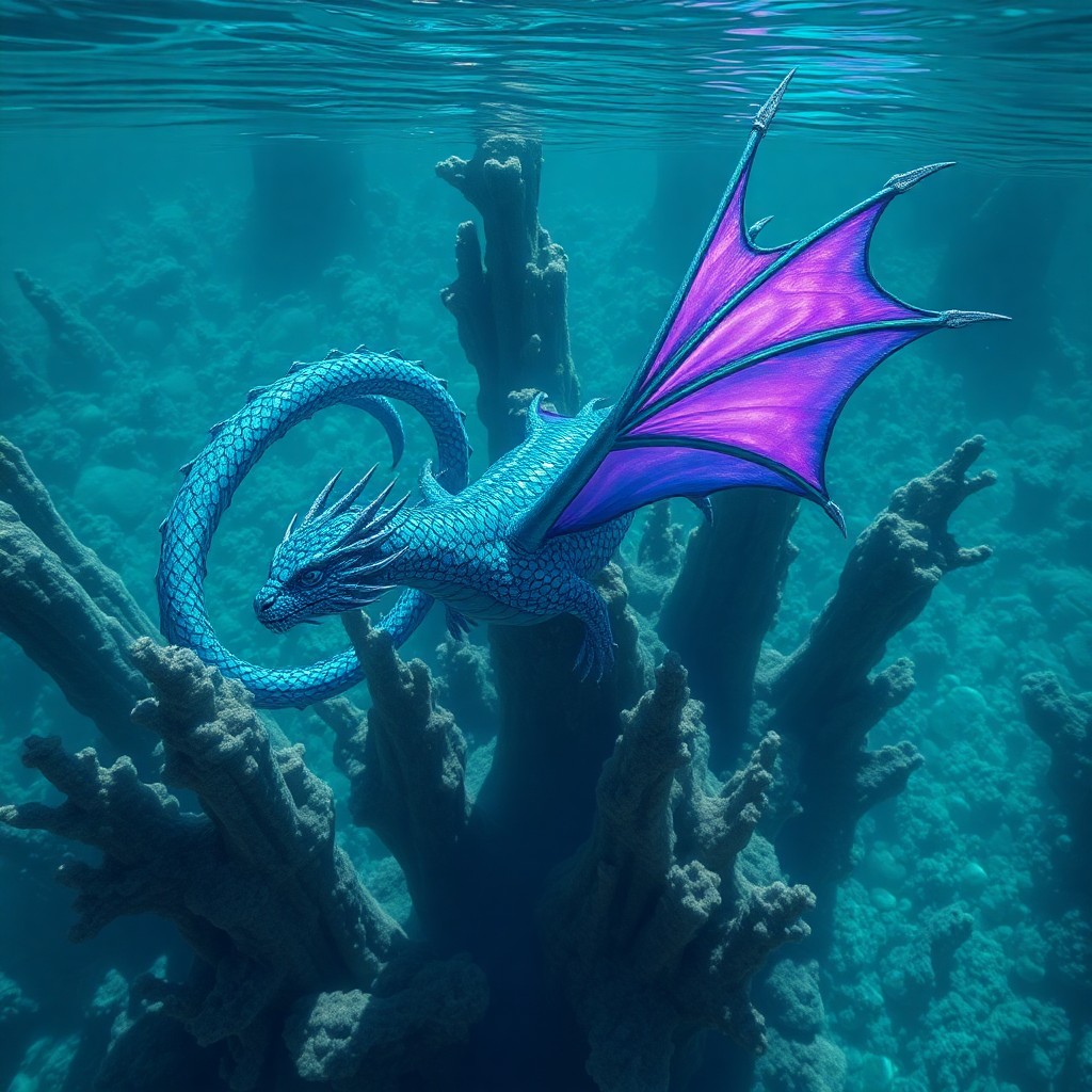 AI generated art for prompt: A captivating digital artwork depicting an otherworldly underwater realm where a regal dragon, adorn