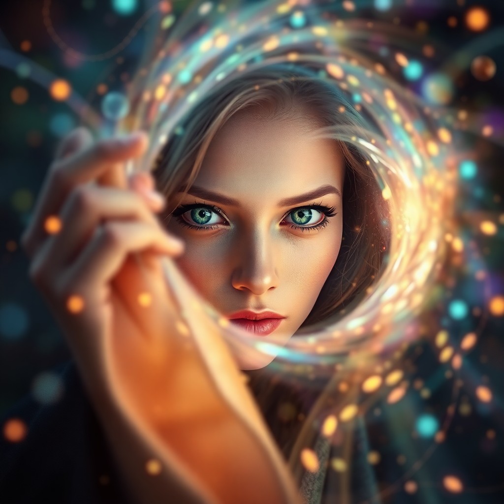 AI generated art for prompt: A captivating digital artwork depicts an enigmatic sorceress gazing into a swirling vortex of tempor