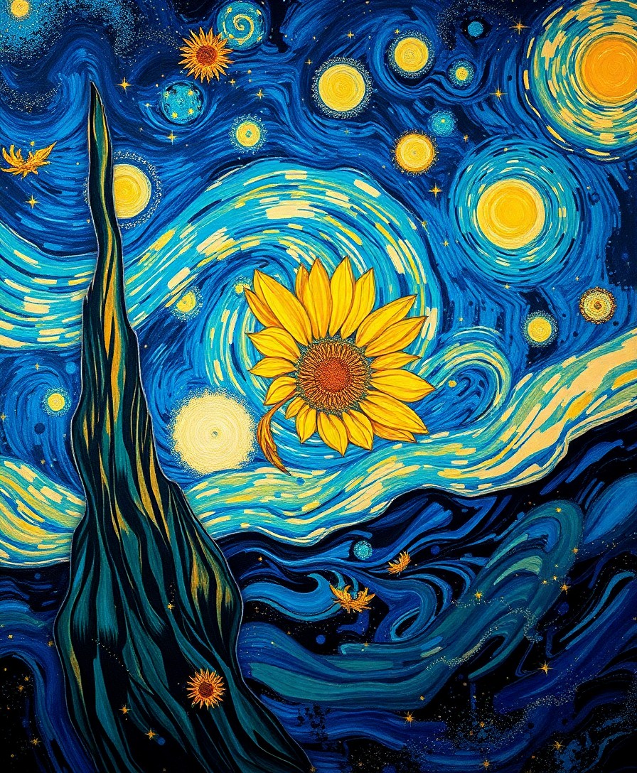 AI generated art for prompt: Visualize an enchanting blend of swirling celestial patterns reminiscent of Van Gogh's renowned pain