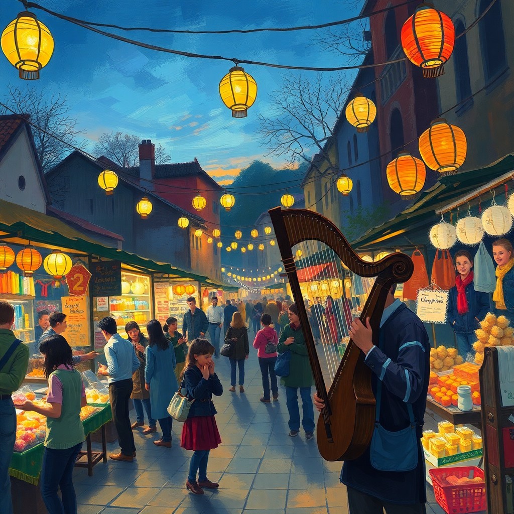 AI generated art for prompt: Craft an image in the impressionistic style, capturing a lively market square at twilight from an ae