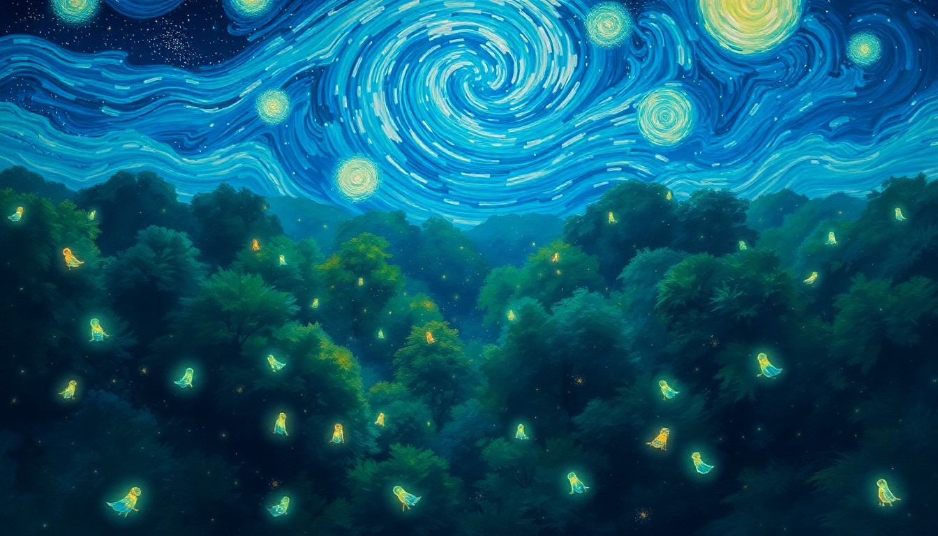 AI generated art for prompt: Envision an enchanting oil painting, blending the celestial brushstrokes of Van Gogh's "Starry Night