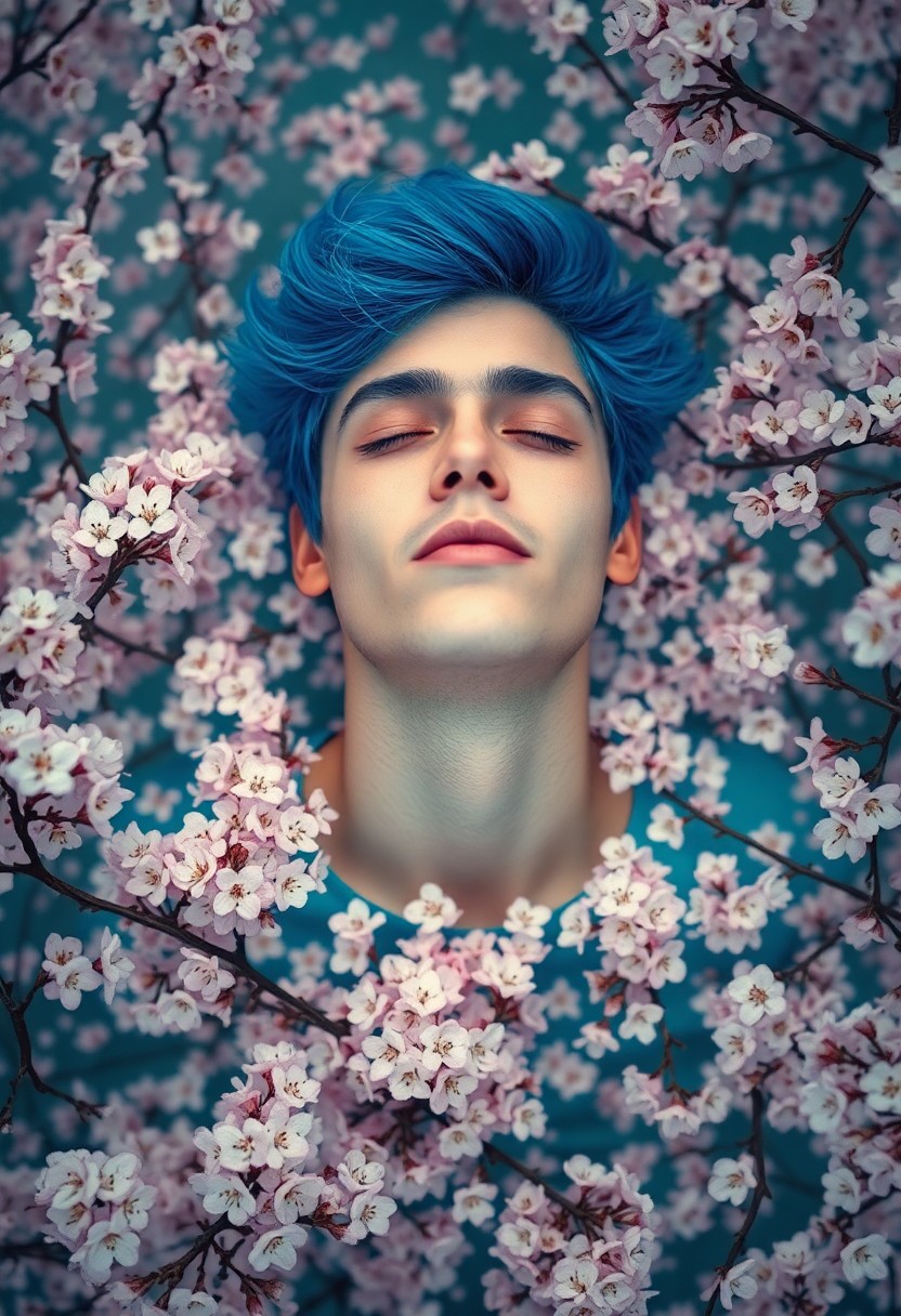 AI generated art for prompt: A surrealistic portrait captures a young man with vibrant blue hair, his eyes closed in peaceful rep