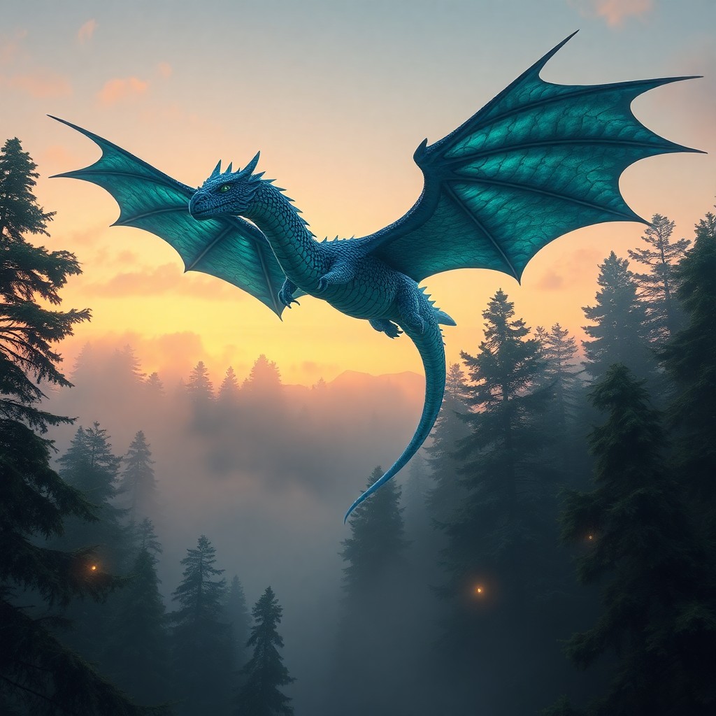 AI generated art for prompt: A surreal digital artwork depicts an awe-inspiring dragon majestically soaring through a calm, mist-