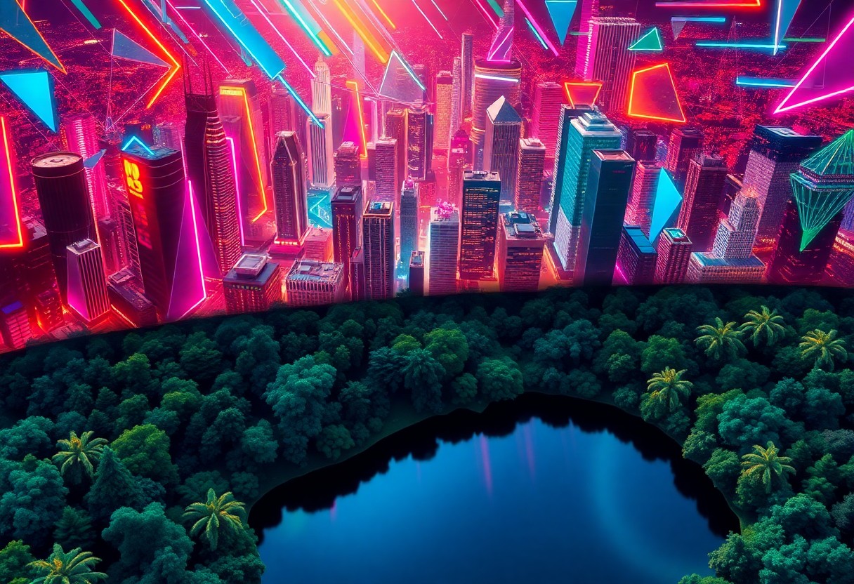 AI generated art for prompt: A digital art composition depicting an energetic cityscape transitioning into a tranquil forest belo