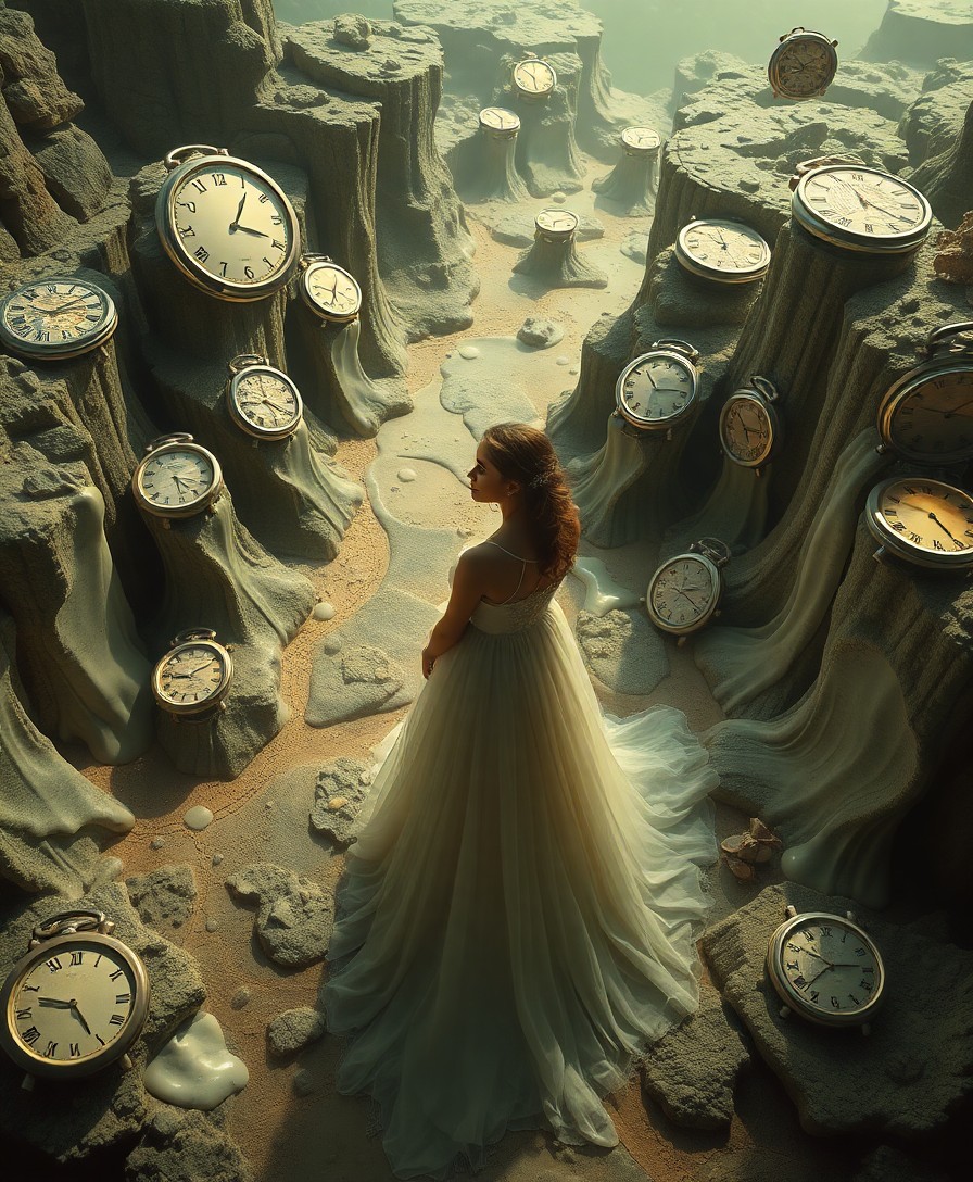 AI generated art for prompt: A surreal dreamscape featuring a young woman in an ethereal gown standing amidst a landscape of melt