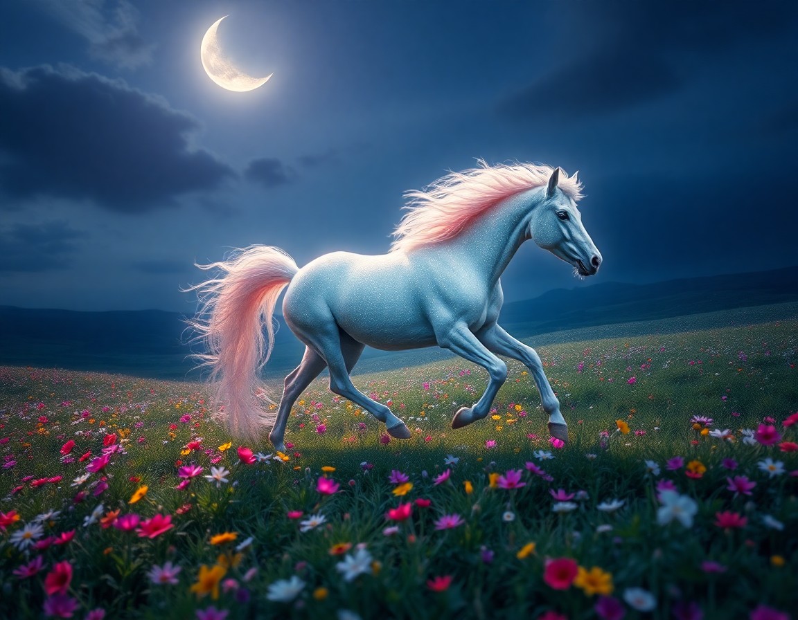 AI generated art for prompt: Imagine an enchanting moonlit landscape where a majestic creature gallops gracefully across a field 