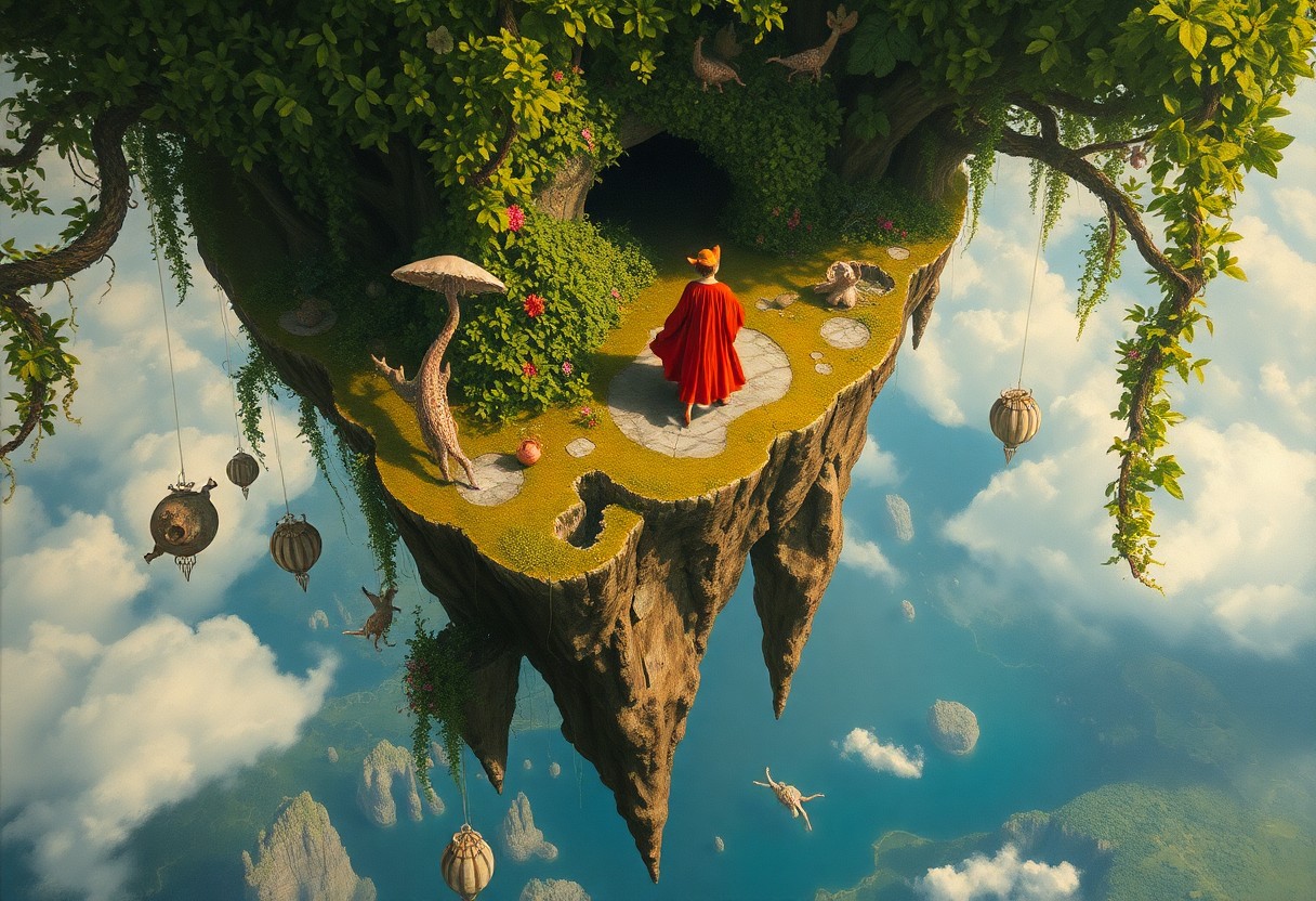 AI generated art for prompt: A captivating oil painting masterpiece depicting a surreal floating island with lush vegetation hang