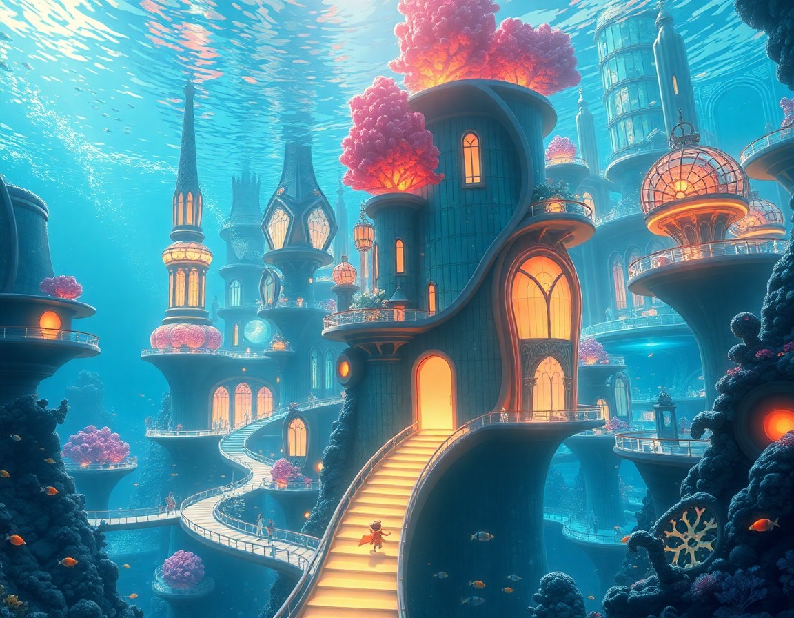 AI generated art for prompt: A vibrant digital art depiction of an active underwater cityscape, viewed from the perspective of a 