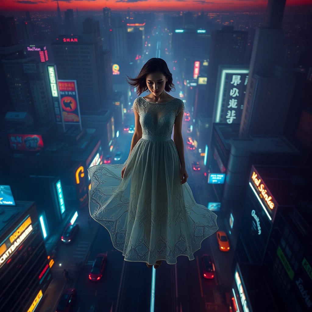 AI generated art for prompt: An enigmatic female figure stands solitary in a surreal cityscape at twilight, her ethereal presence