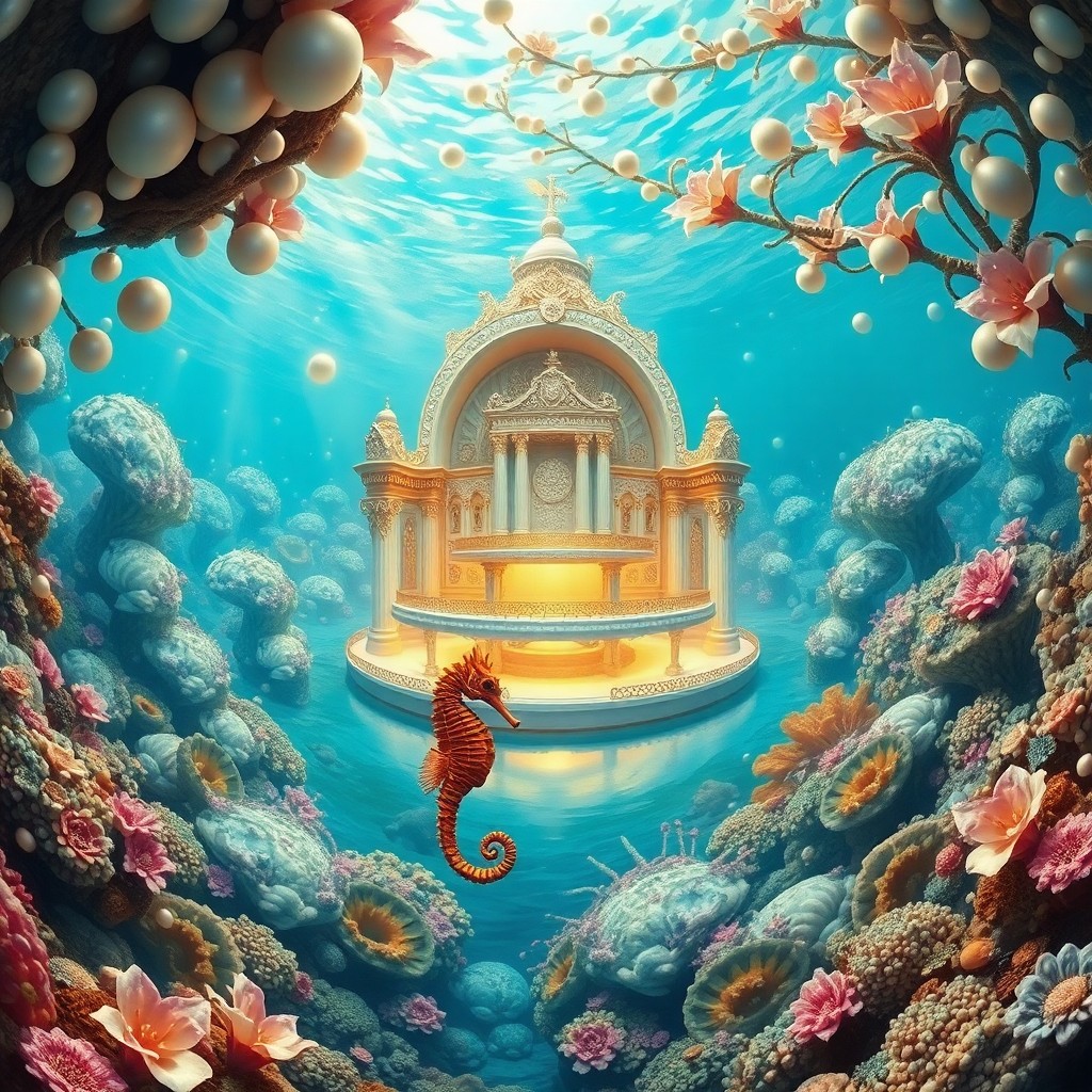 AI generated art for prompt: A captivating underwater panorama showcases an opulent palace nestled within a vibrant coral garden.