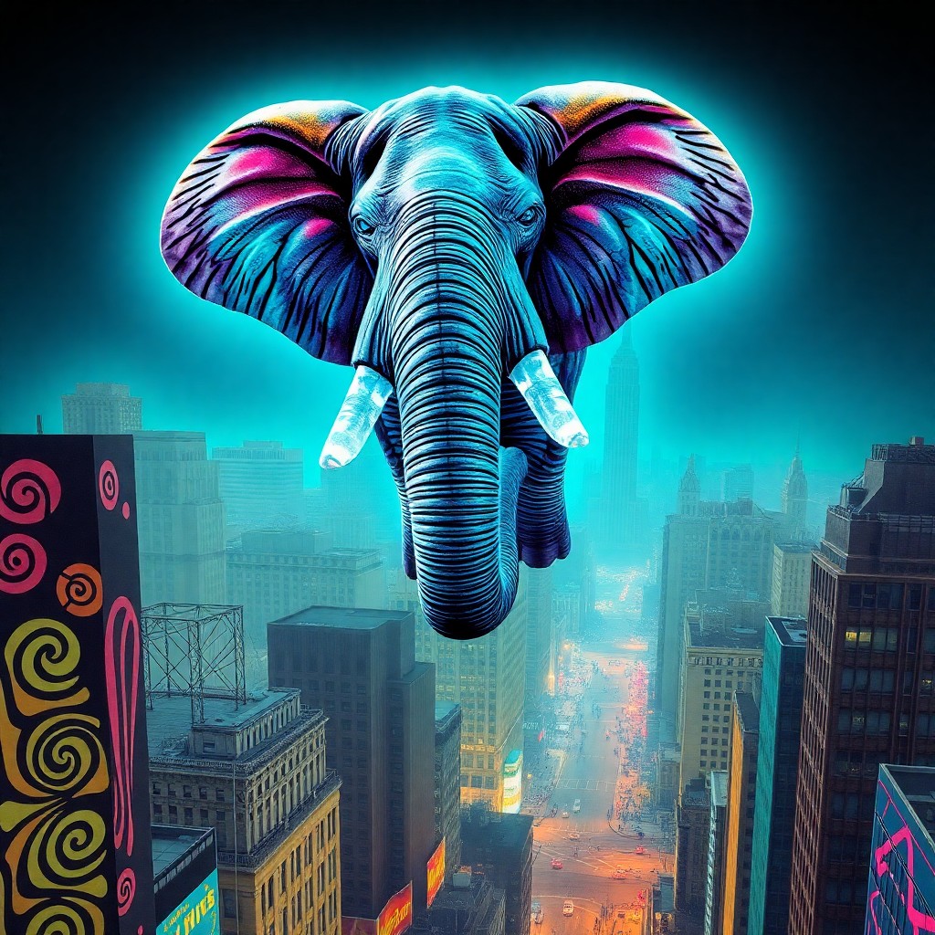 AI generated art for prompt: A surreal image depicting an awe-inspiring elephant with luminescent, crystalline tusks and brillian