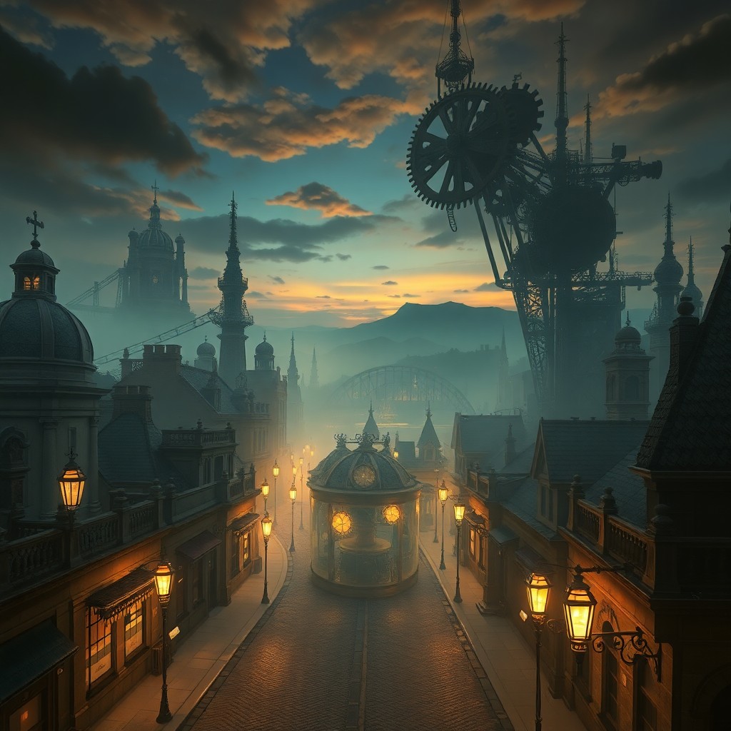 AI generated art for prompt: A dreamlike fusion of Victorian-era steampunk cityscape and surreal landscape, reminiscent of Dali's