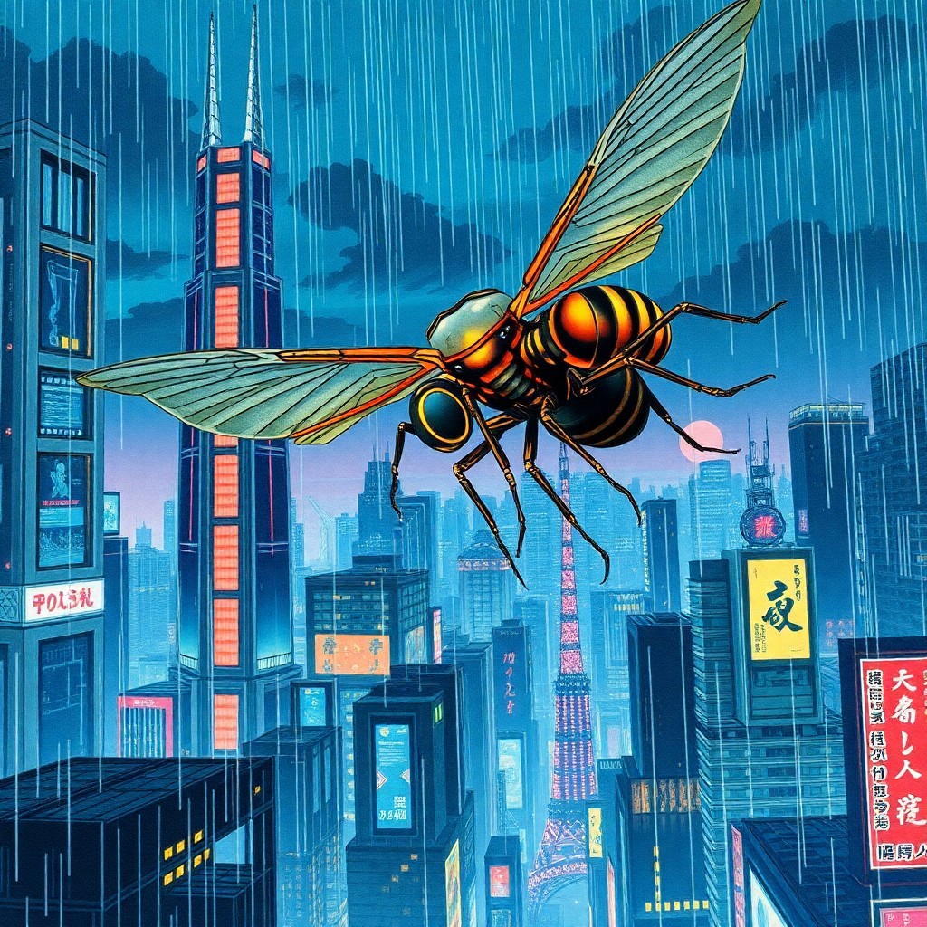 AI generated art for prompt: A futuristic cityscape is revealed from the vantage point of a soaring insect, showcasing towering s