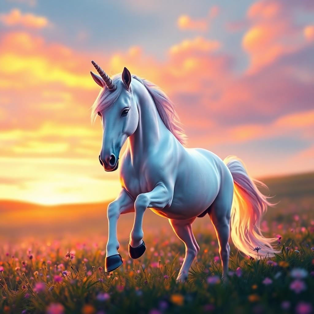 AI generated art for prompt: Imagine a captivating portrait of an enchanting unicorn gracefully prancing in a lush meadow bathed 