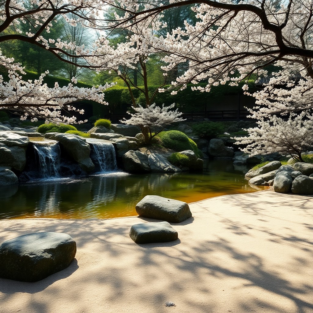 AI generated art for prompt: Imagine a Zen garden radiating calmness and balance, featuring a waterfall gracefully pouring into a