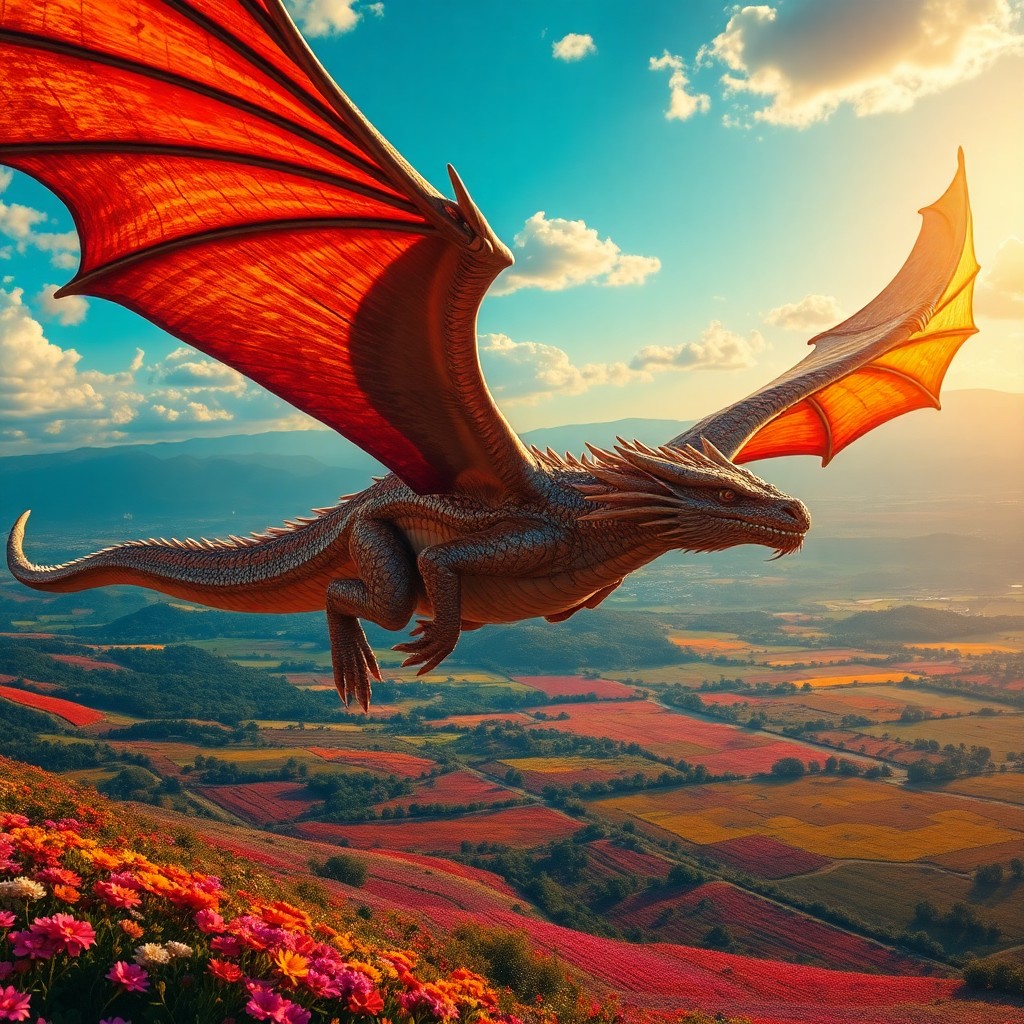 AI generated art for prompt: A surreal and hyper-realistic image depicts an awe-inspiring dragon soaring through a vibrant landsc