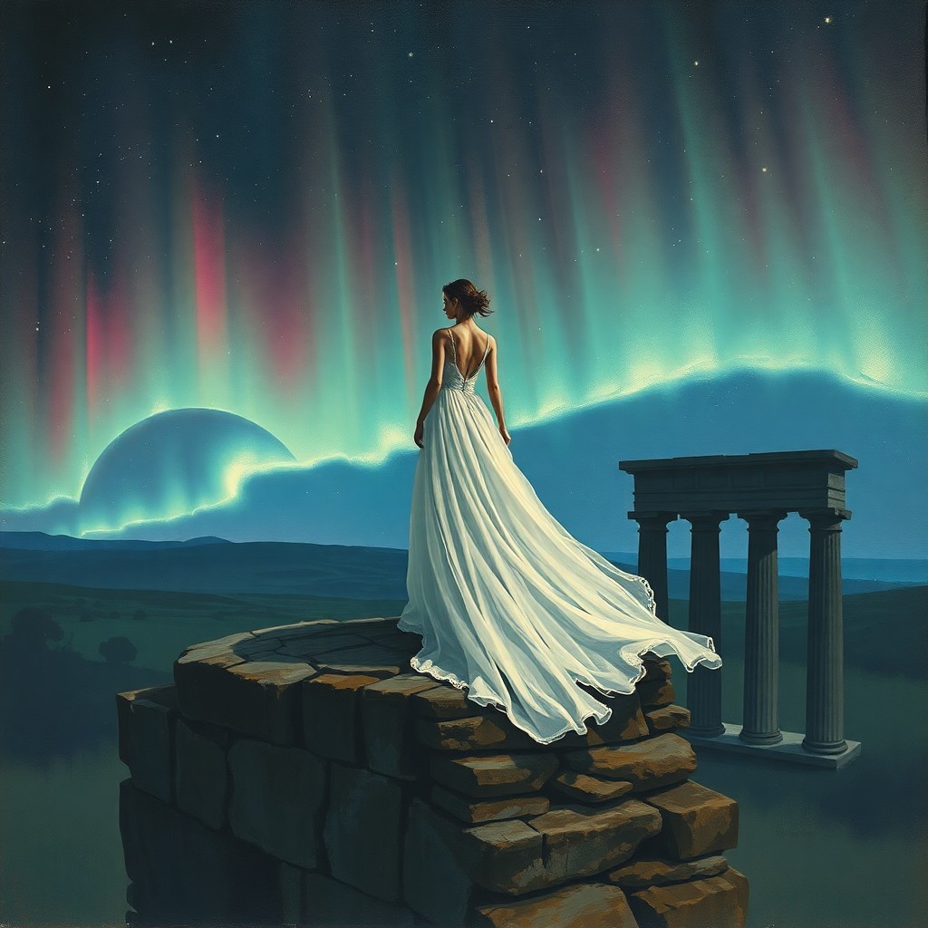 AI generated art for prompt: A mysterious figure in an elegant white gown stands atop a weathered ancient structure, their silhou