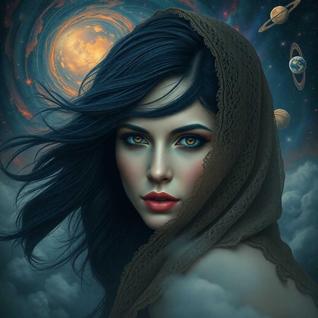 AI generated art for prompt: A captivating portrait in the style reminiscent of surrealism's masters, this enigmatic woman with f