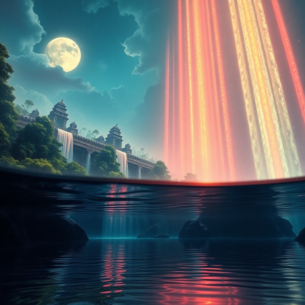 AI generated art for prompt: A captivating digital artwork reveals an otherworldly realm where waterfalls, illuminated with radia