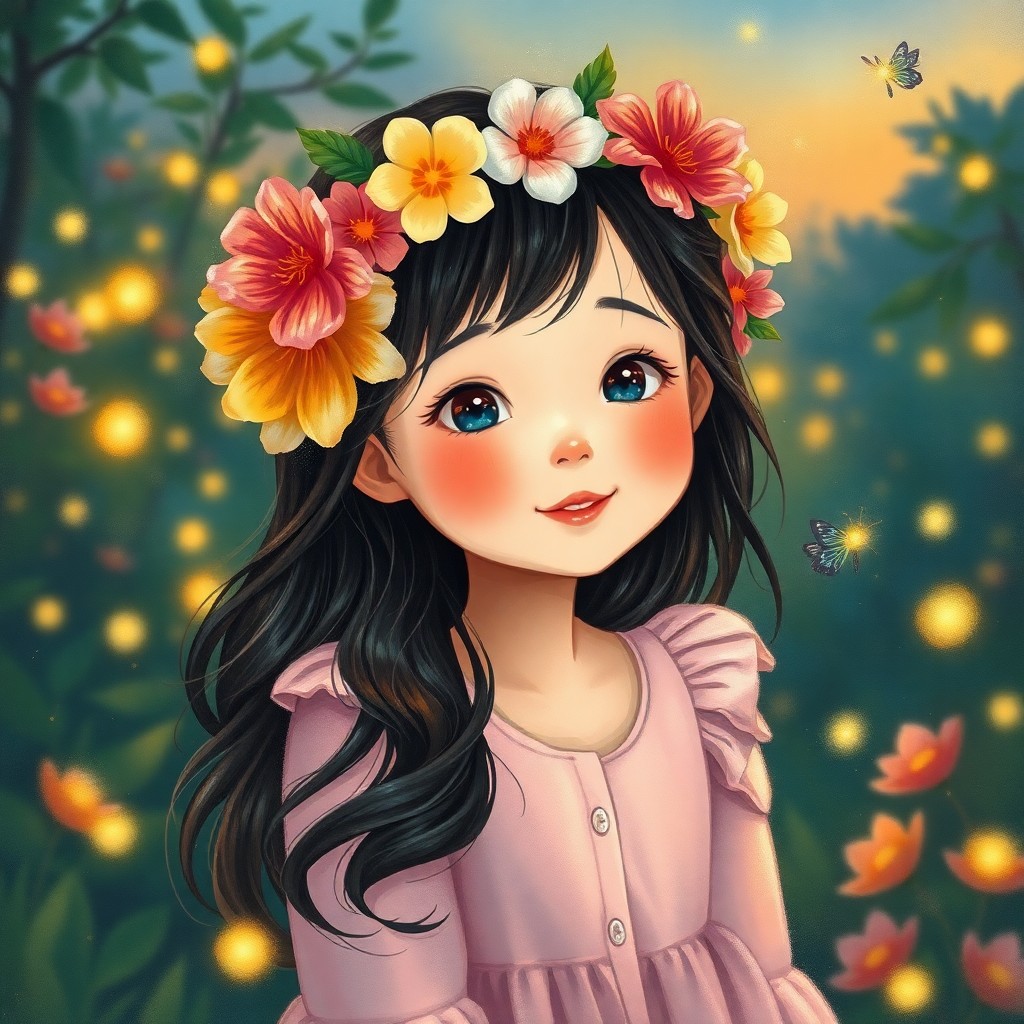 AI generated art for prompt: A whimsical portrait capturing a charming Korean girl with playful expressions, evokes an enchanting