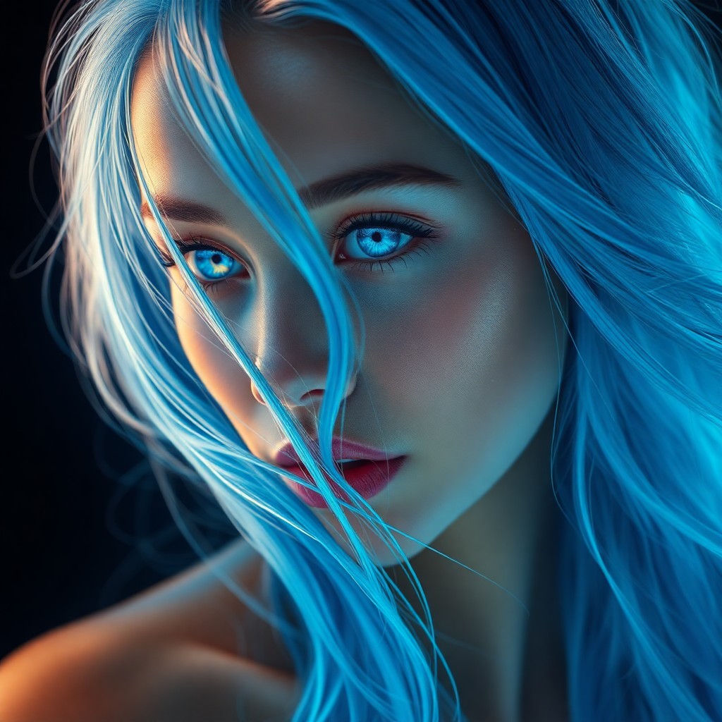 AI generated art for prompt: A digital portrait capturing an ethereal woman with luminous blue hair flowing gracefully over her s