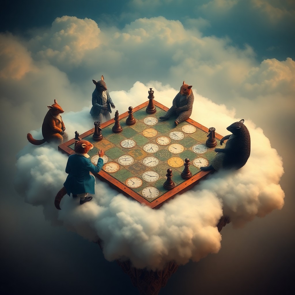 AI generated art for prompt: Create an image depicting a surreal chessboard floating on a cloud island, viewed from a high vantag