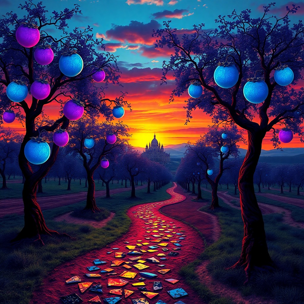 AI generated art for prompt: A surreal dusk landscape depicts a vibrant orchard with trees bending into the sky, their branches a