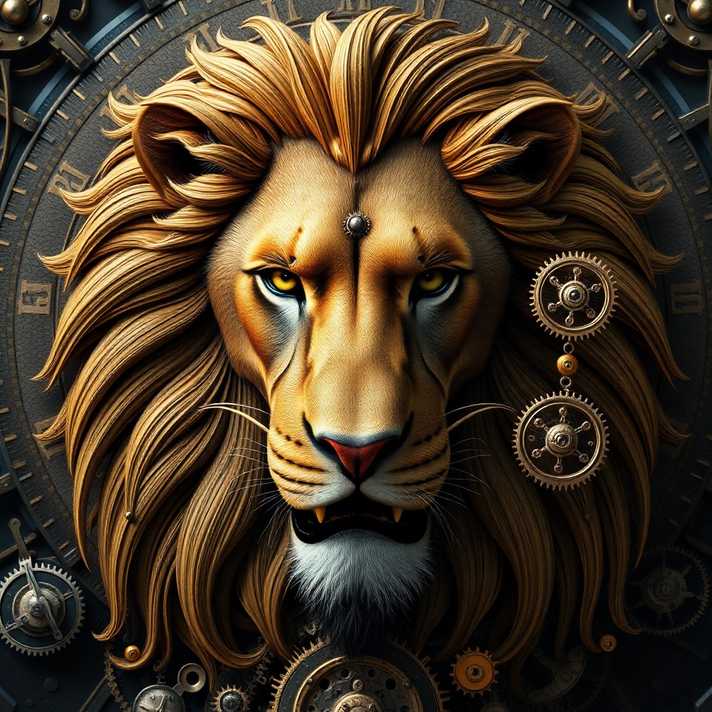 AI generated art for prompt: A mesmerizing digital artwork showcasing a surreal fusion of a noble lion and an elaborate clockwork