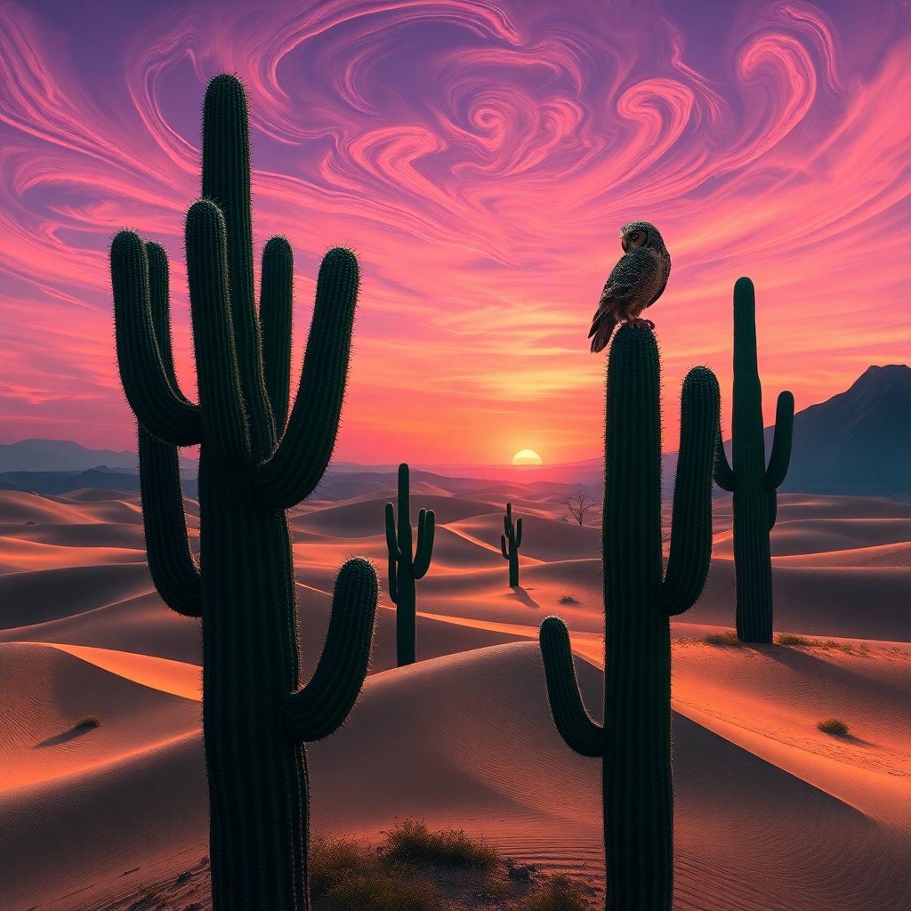 AI generated art for prompt: Envision a surrealistic desert panorama where colossal cacti loom over rolling sand dunes, their spi