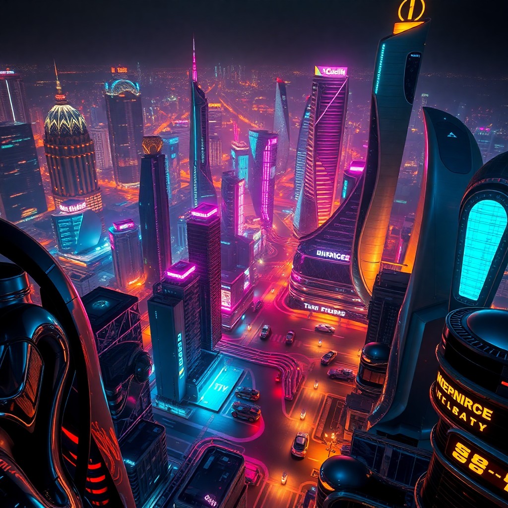 AI generated art for prompt: A night scene in an awe-inspiring cyberpunk cityscape, captured from an aerial perspective that reve