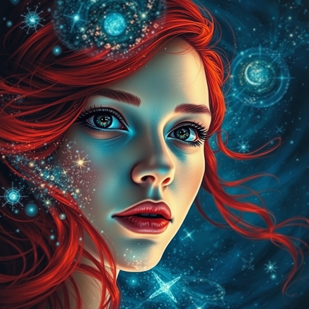 AI generated art for prompt: A captivating close-up portrait in the style of swirling celestial landscapes captures a woman with 