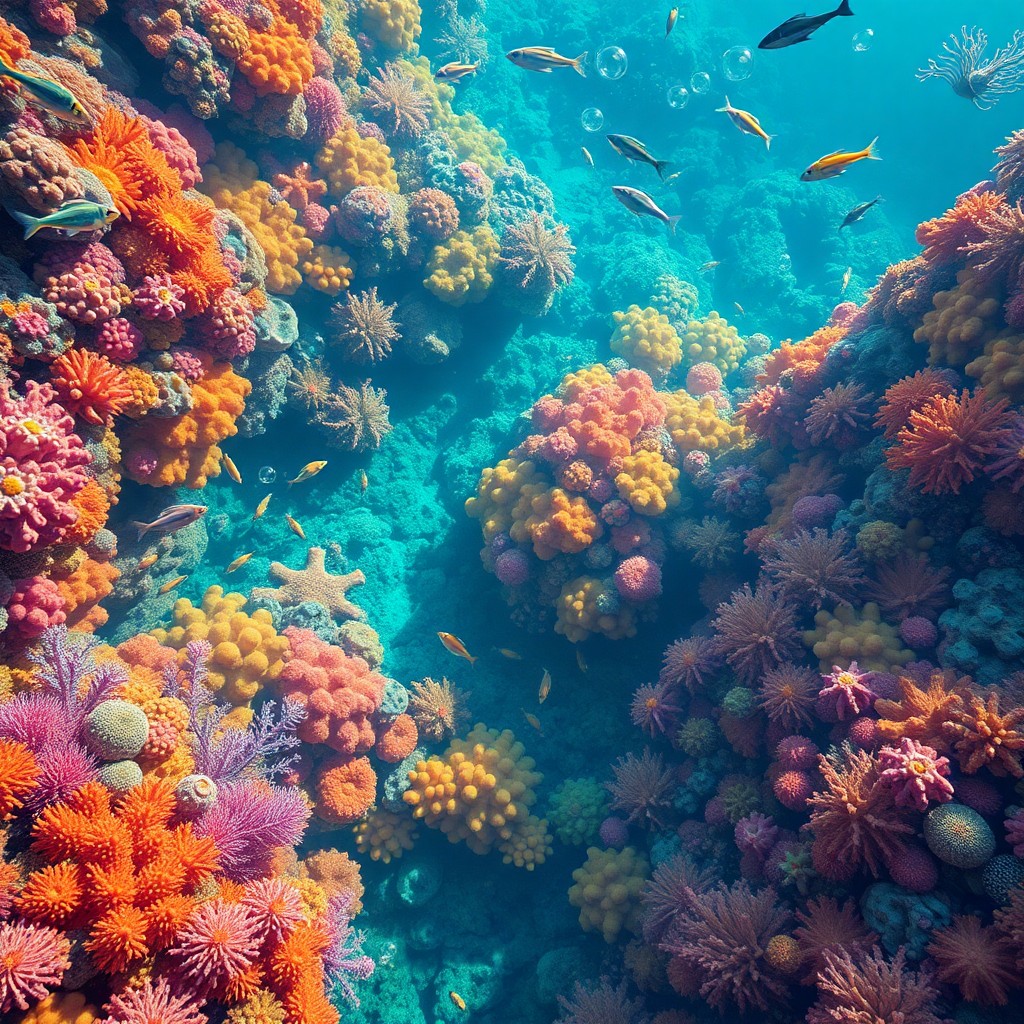 AI generated art for prompt: A mesmerizing digital artwork showcases an expansive, technicolor coral reef brimming with intricate