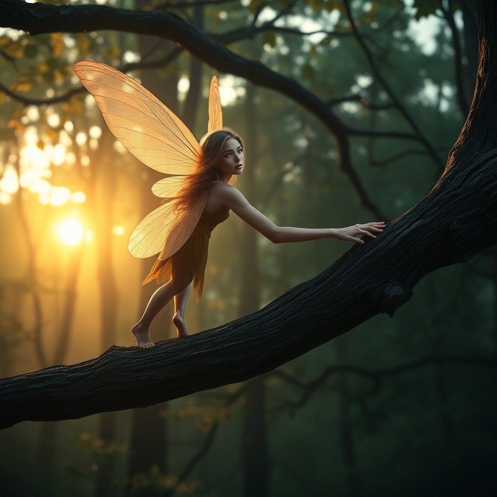 AI generated art for prompt: A digital art portrait in photorealistic style depicts an ethereal fairy with gossamer wings poised 