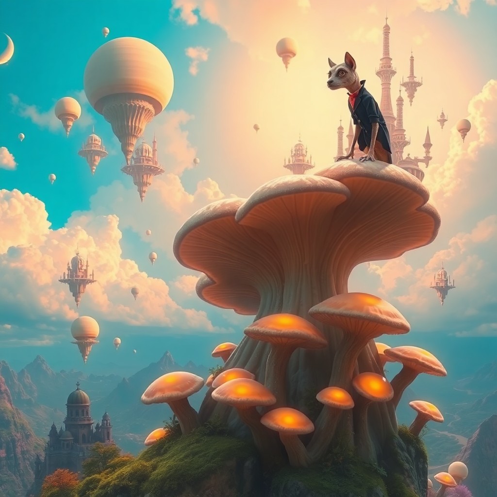 AI generated art for prompt: Imagine a captivating digital artwork that merges surreal landscapes with whimsical characters. Pict