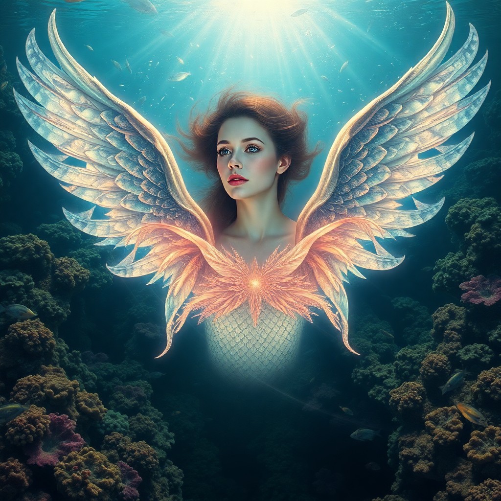 AI generated art for prompt: A portrait of a woman with otherworldly wings arises from an enigmatic underwater scene, rendered in