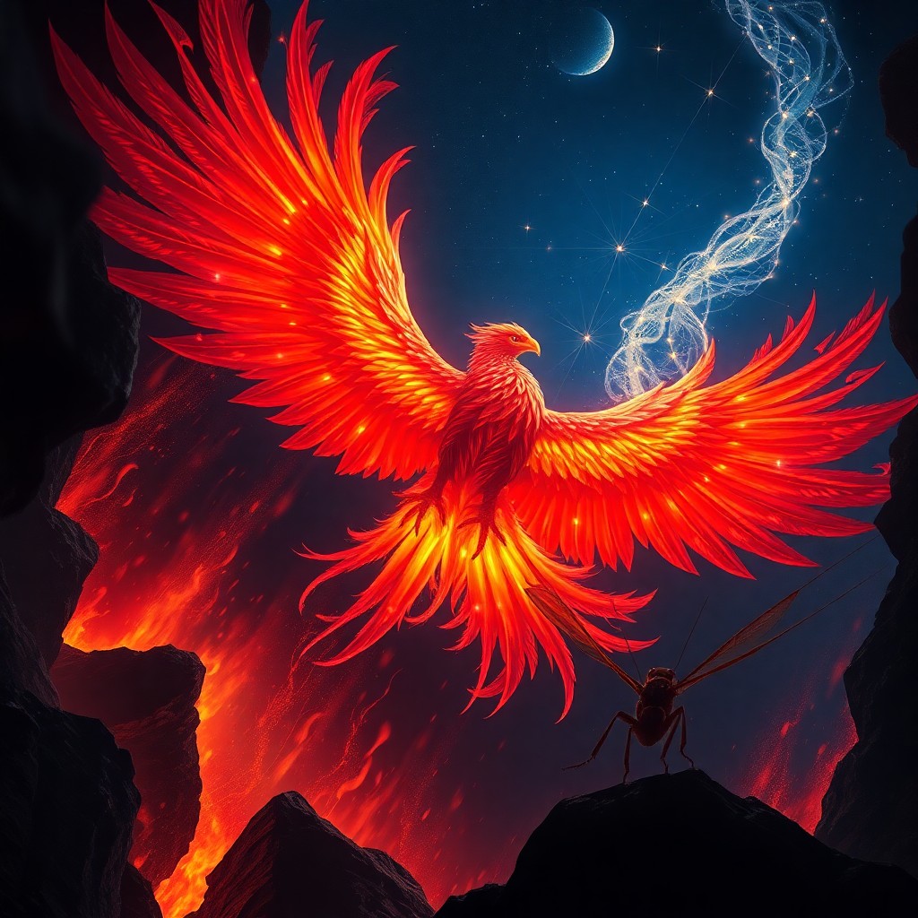 AI generated art for prompt: A breathtaking digital artwork showcases a regal phoenix arising from a blazing chasm, reminiscent o