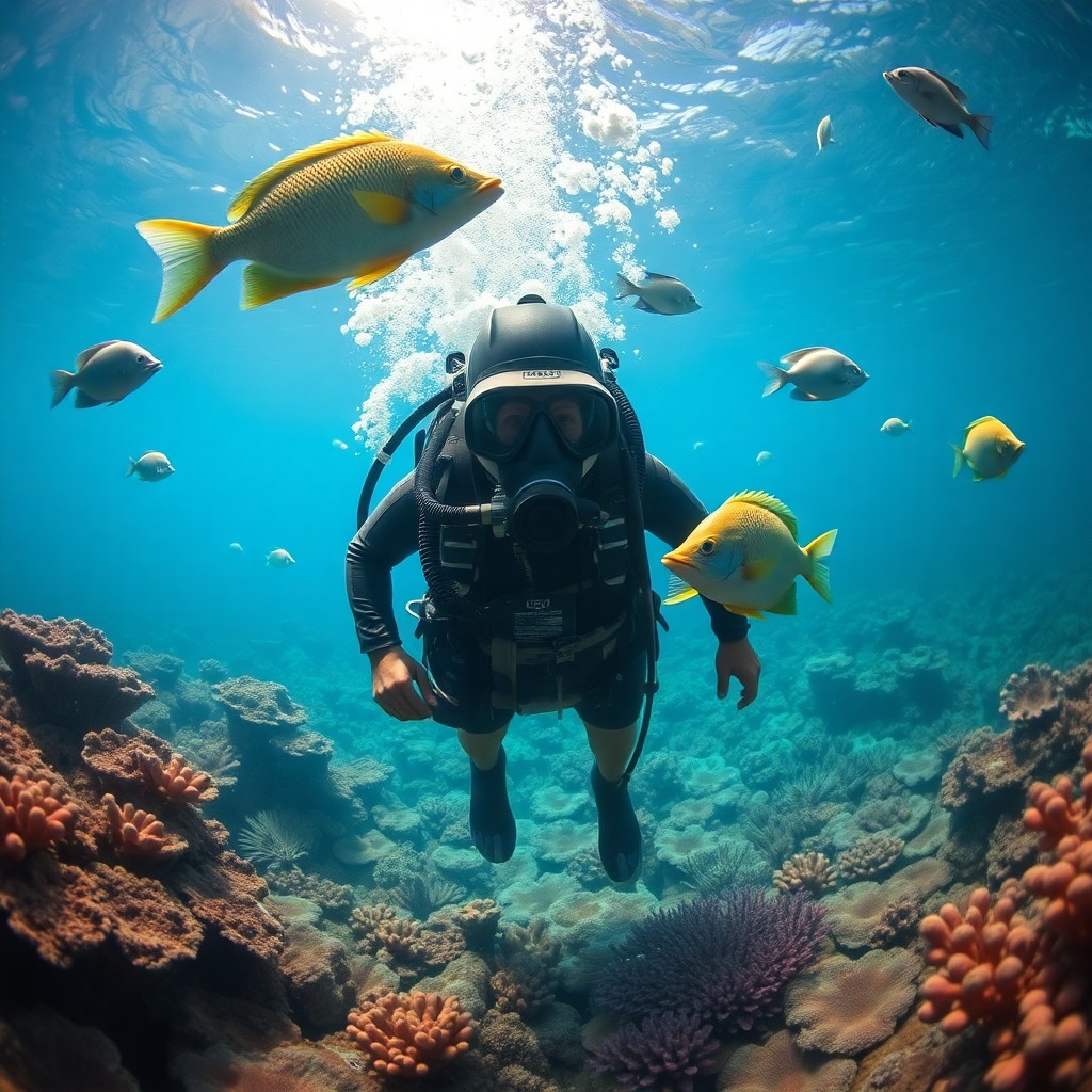 AI generated art for prompt: A surreal underwater scene showcases a diver in vintage scuba gear amidst a vibrant coral reef. From