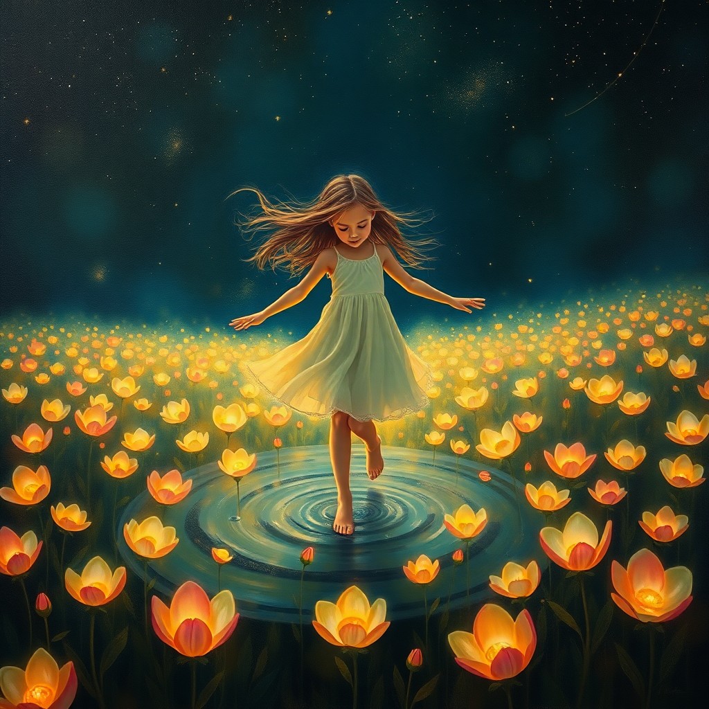 AI generated art for prompt: An oil painting in a surrealist style captures an enchanting scene of a young girl with flowing hair