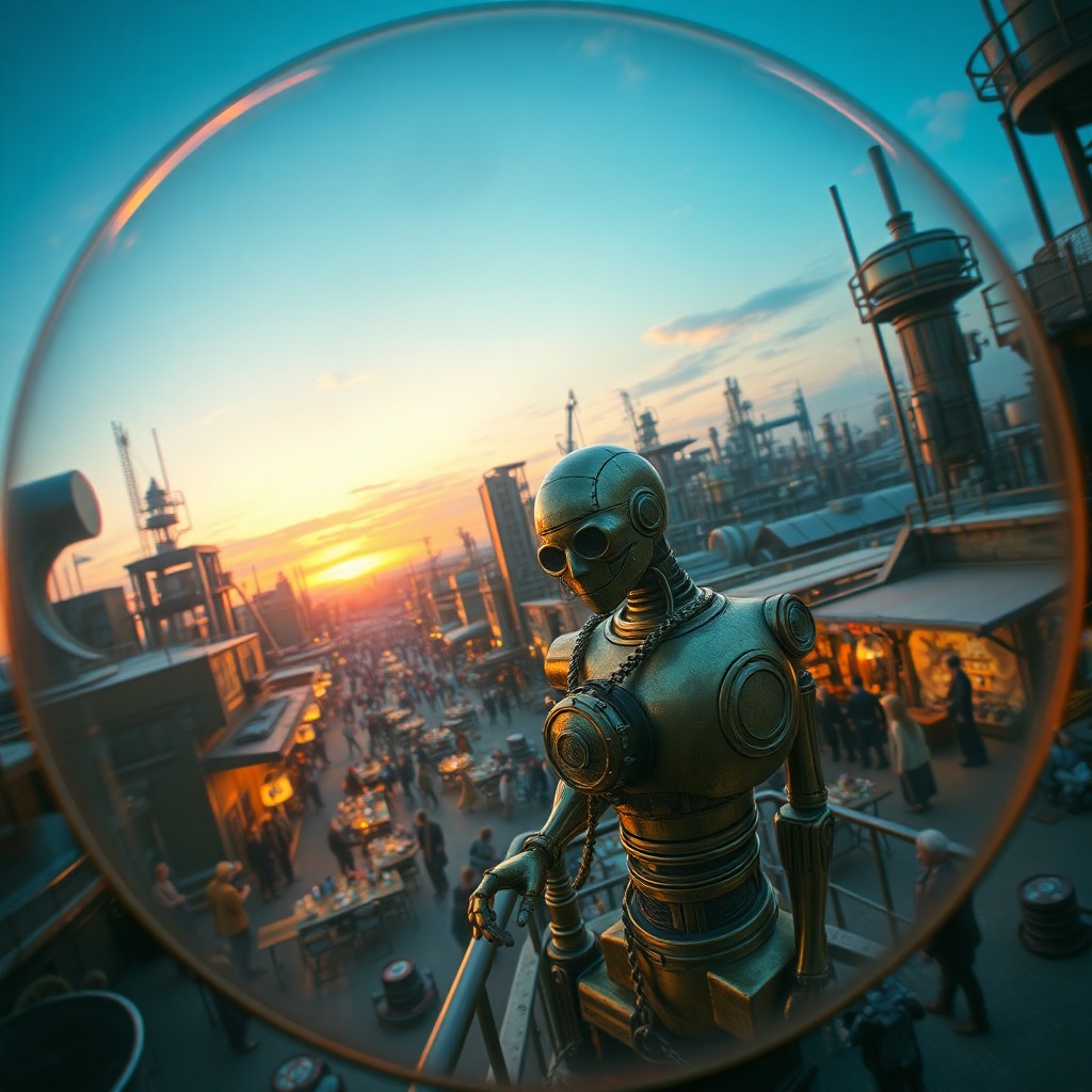 AI generated art for prompt: A futuristic steampunk cityscape bathed in the warm glow of dusk is captured from an overhead perspe