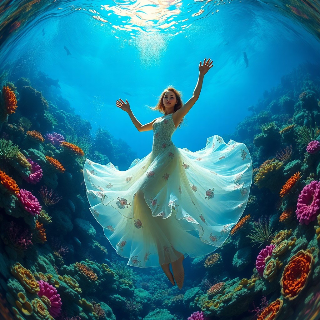 AI generated art for prompt: An enchanting underwater ballet takes place in the depths of a thriving coral reef, reminiscent of i